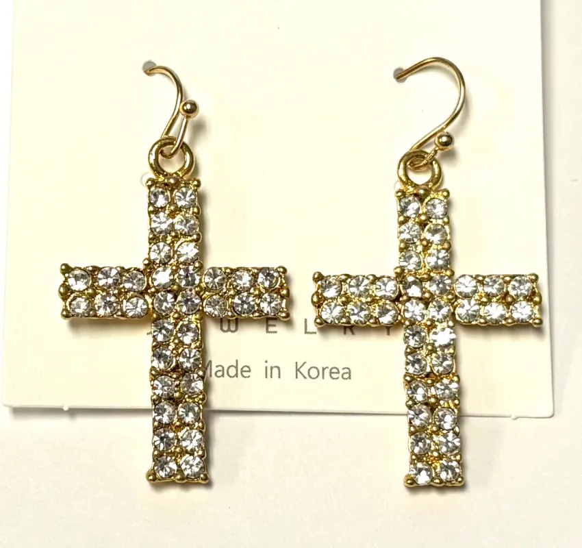 GOLD CROSS EARRINGS CLEAR STONES ( 588 GD ) made by Oh My Jewelry