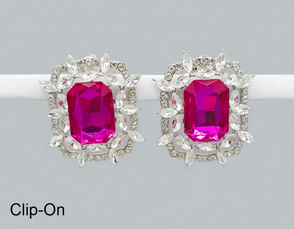 SILVER FUCHSIA CLEAR CLIP ON EARRINGS ( 2748 FUC ) sold by Oh My Jewelry