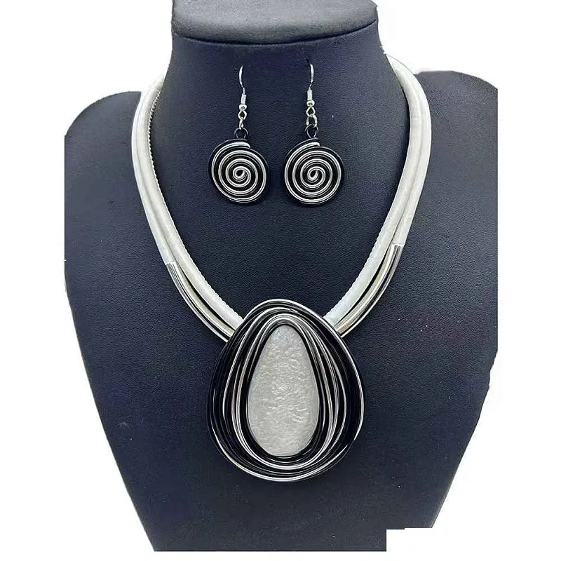 WHITE SILVER WIRE LEATHER NECKLACE SET ( 1574 WH ) sold by Oh My Jewelry