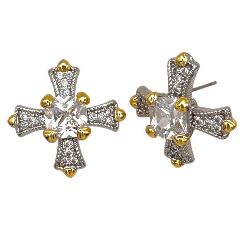 14K GOLD PLATED EARRINGS CLEAR CZ STONES CROSS ( 1510 EC ) made by Oh My Jewelry