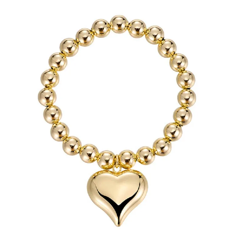 GOLD BALL BEADED STRETCH BRACELET WITH DANGLING HEART CHARM ( 9969 G ) made by Oh My Jewelry