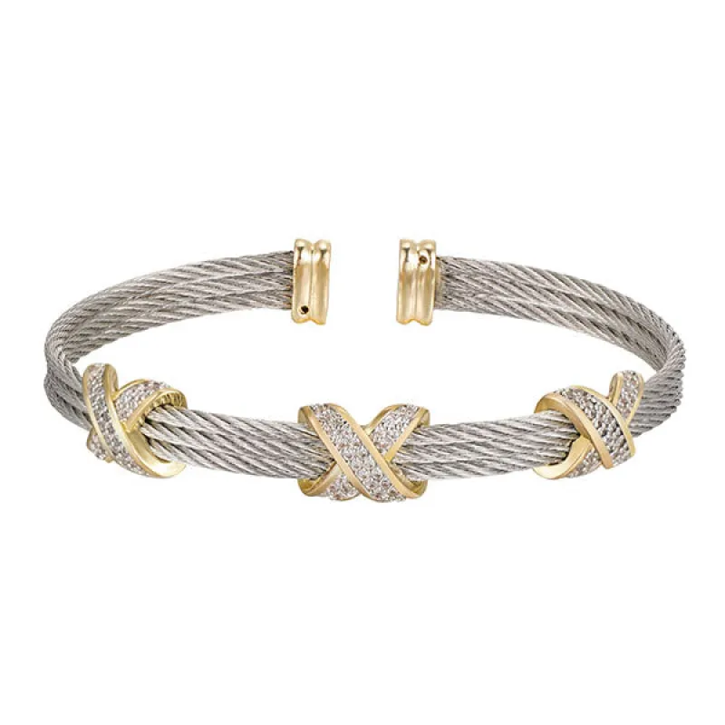 SILVER GOLD CUFF BANGLE CLEAR CZ STONES ( 9923 TT ) made by Oh My Jewelry