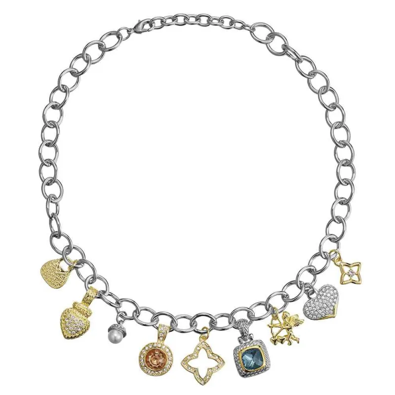 SILVER GOLD CHARM NECKLACE CZ STONES ( 9571 TT ) made by Oh My Jewelry