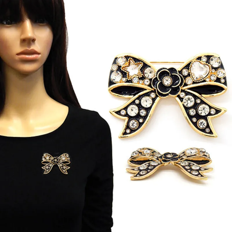 GOLD BLACK BOW BROOCH CENTRAL FLOWER DETAIL ( 2222 GDBLK ) made by Oh My Jewelry