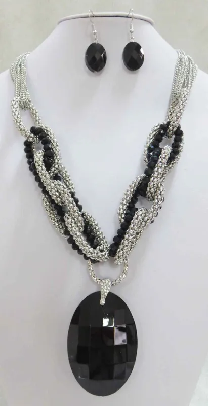Silver Black Color Necklace Set ( 2873 SJET ) made by Oh My Jewelry