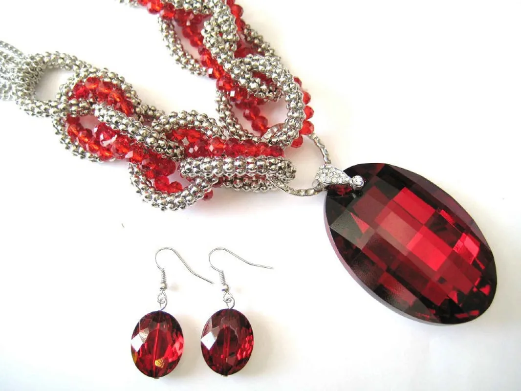 Silver Red Color Necklace Set ( 2873 RD ) made by Oh My Jewelry