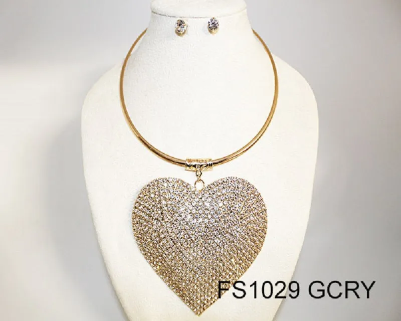 GOLD CHOKER NECKLACE SET LARGE CLEAR HEART ( GDCRY ) sold by Oh My Jewelry