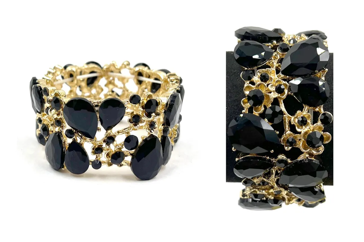 GOLD Stretch Bracelet BLACK Rhinestones ( 0115 2J ) made by Oh My Jewelry