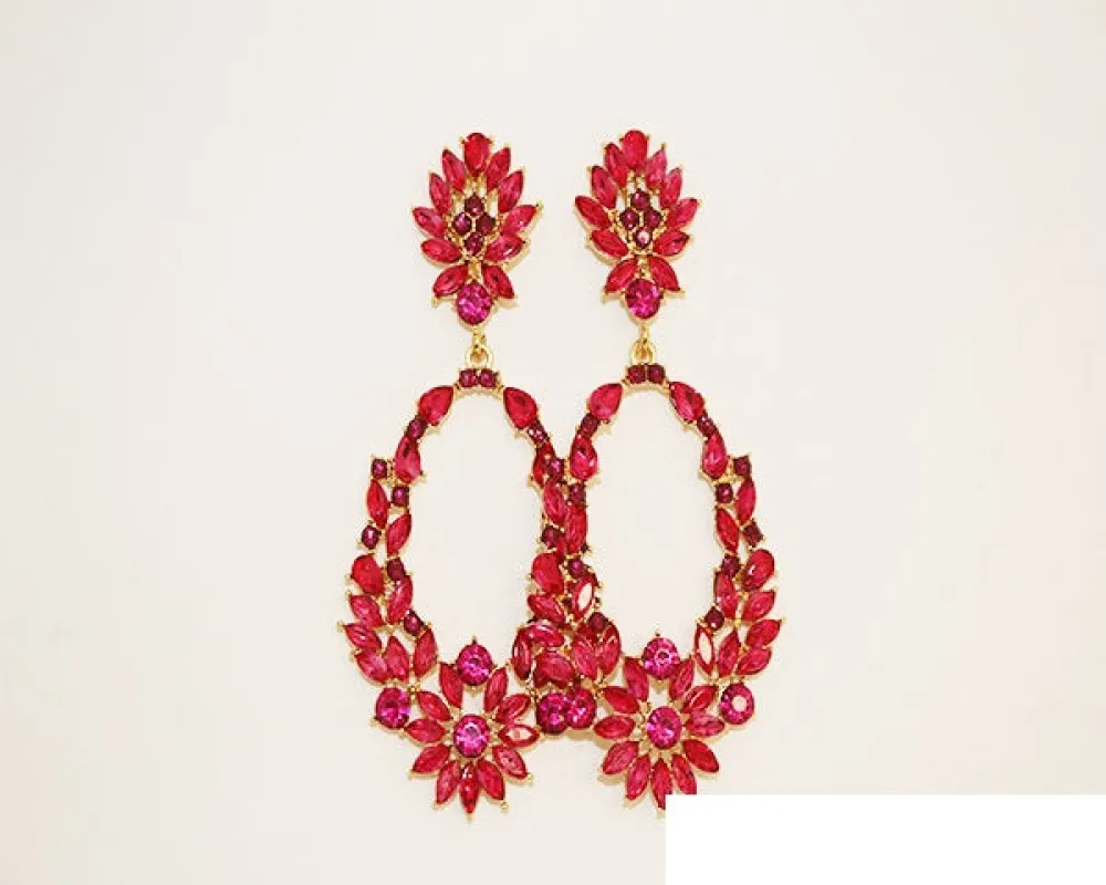 GOLD FUCHSIA RHINESTONE DANGLING EARRINGS ( 1564 GFU ) made by Oh My Jewelry