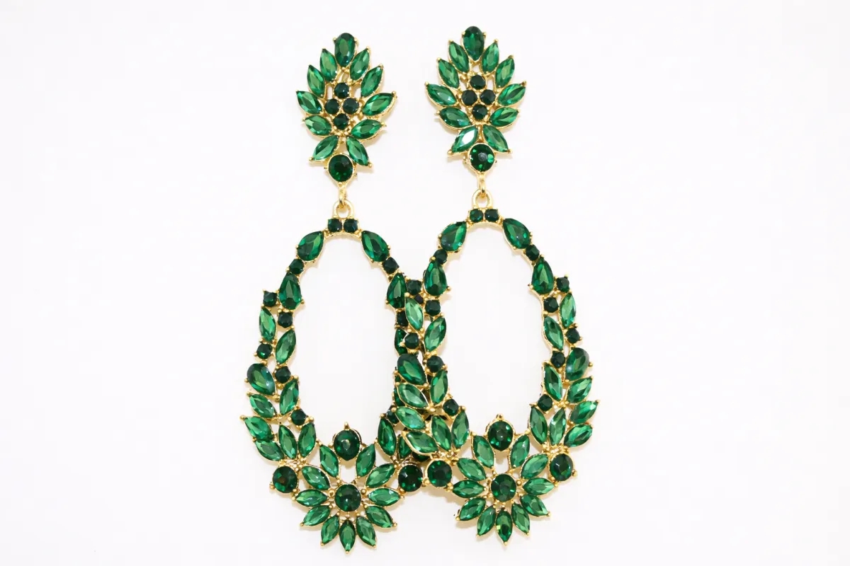 GOLD GREEN RHINESTONE DANGLING EARRINGS ( 1564 GEME ) made by Oh My Jewelry