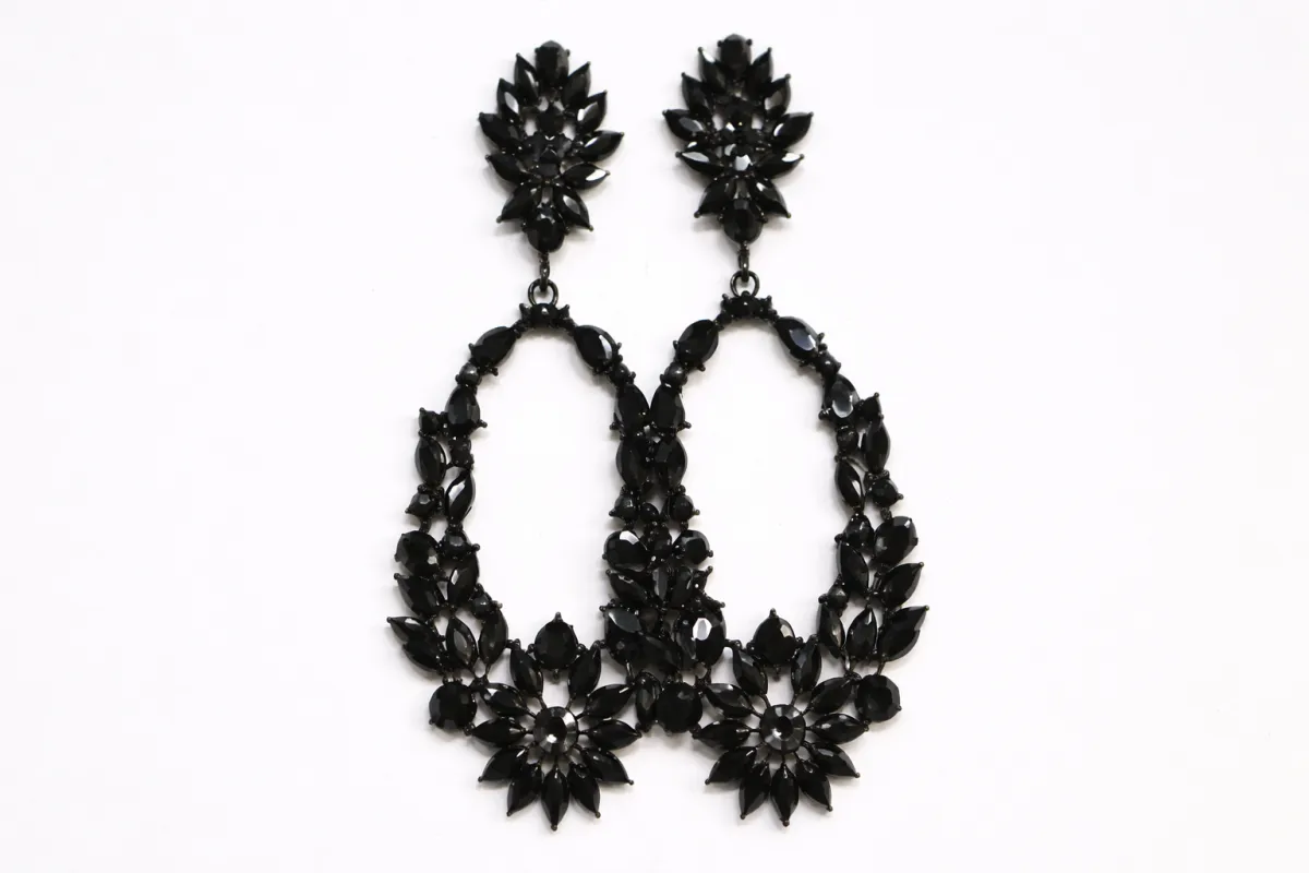 BLACK RHINESTONE DANGLING EARRINGS ( 1564 BKJET ) made by Oh My Jewelry