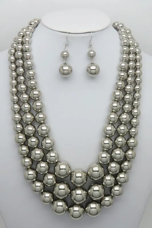 3 STRAND SILVER BALL NECKLACE SET ( 593 S ) made by Oh My Jewelry
