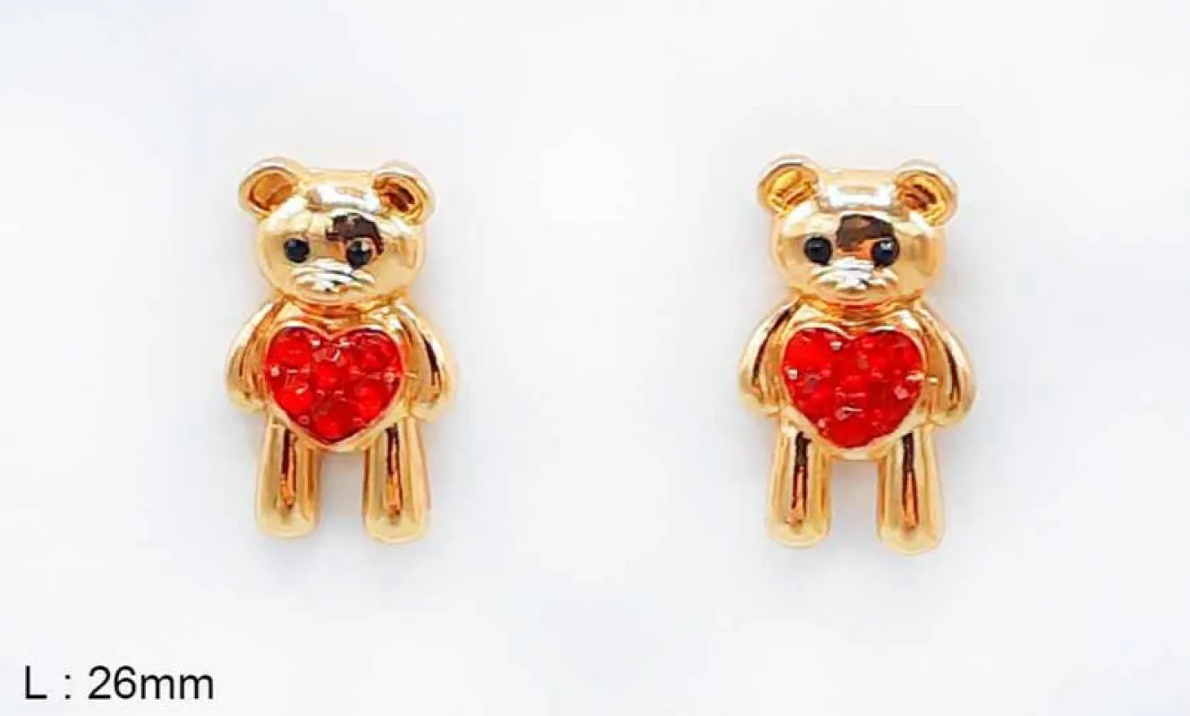 26MM GOLD HEART TEDDY BEAR EARRINGS ( 1810 GD ) made by Oh My Jewelry