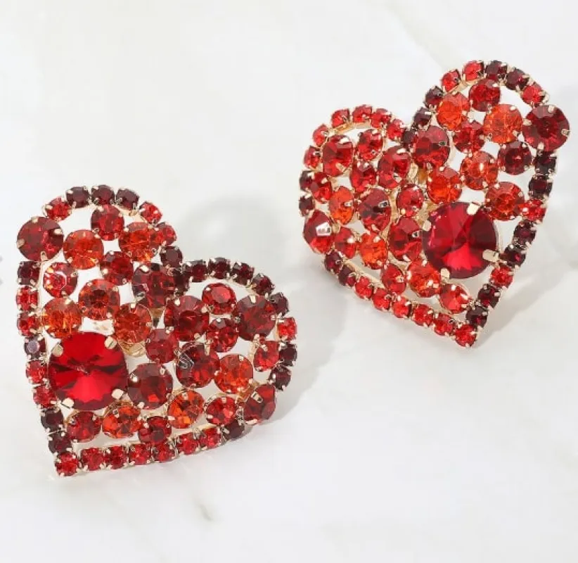 RED HEART CLIP ON EARRINGS STONES ( 2706 RD ) made by Oh My Jewelry