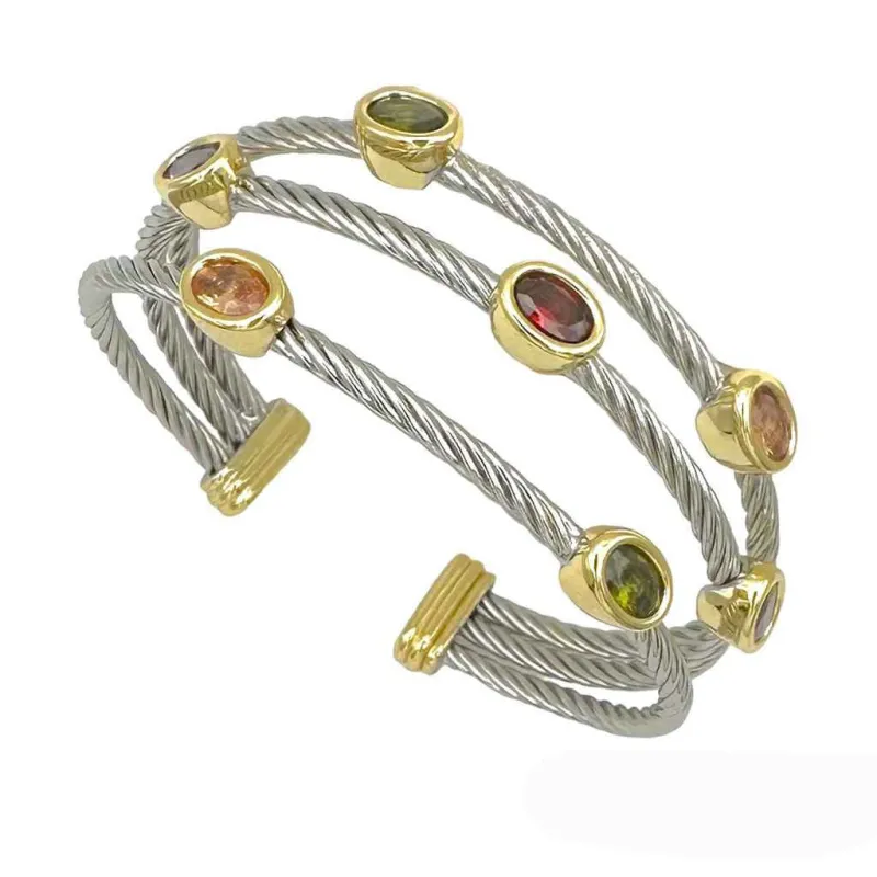 SILVER GOLD CUFF BANGLE MULTI COLOR STONES ( 9664 M ) made by Oh My Jewelry