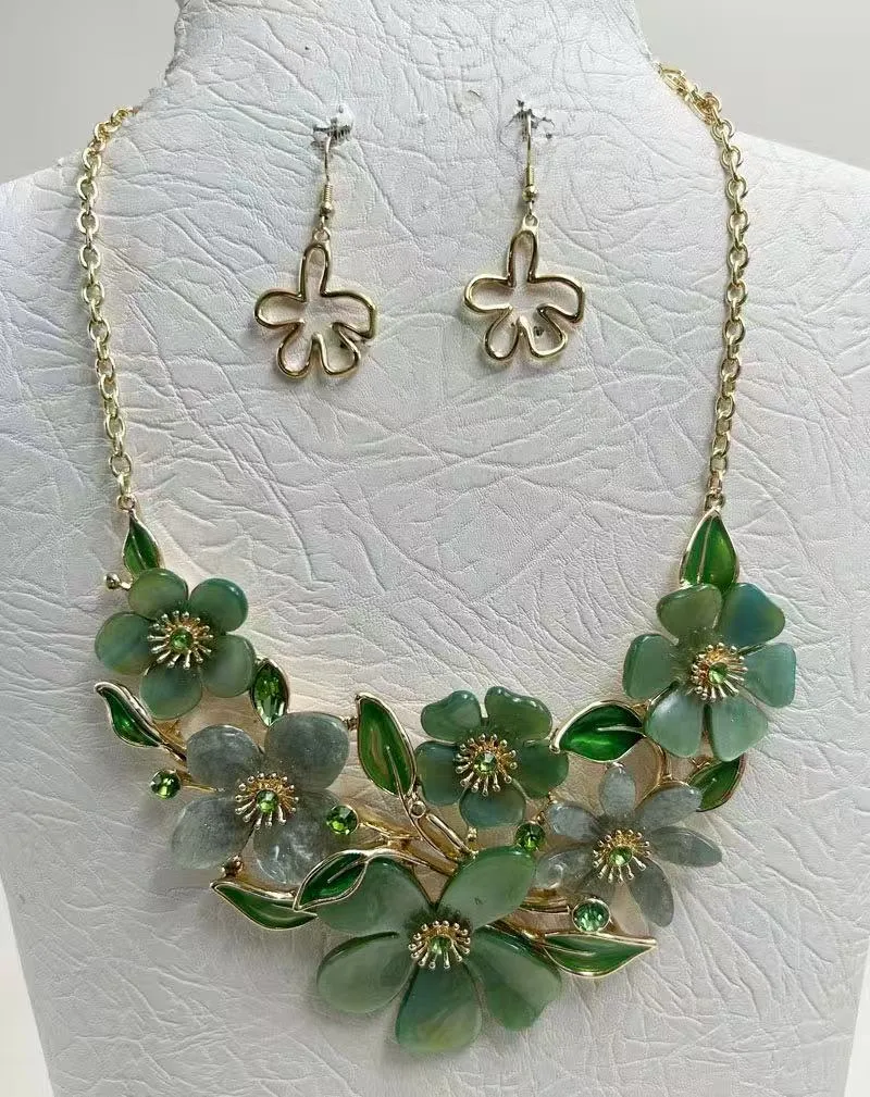 GOLD GREEN FLOWER NECKLACE SET ( 5274 GGN ) sold by Oh My Jewelry