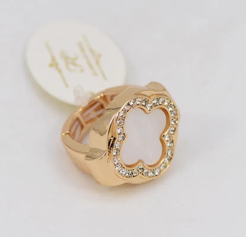 GOLD WHITE STRETCH RING QUATREFOIL ( 1046 GLWHT ) sold by Oh My Jewelry