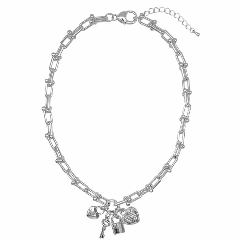 SILVER NECKLACE CZ STONES HEART CHARMS ( 1502 X ) made by Oh My Jewelry