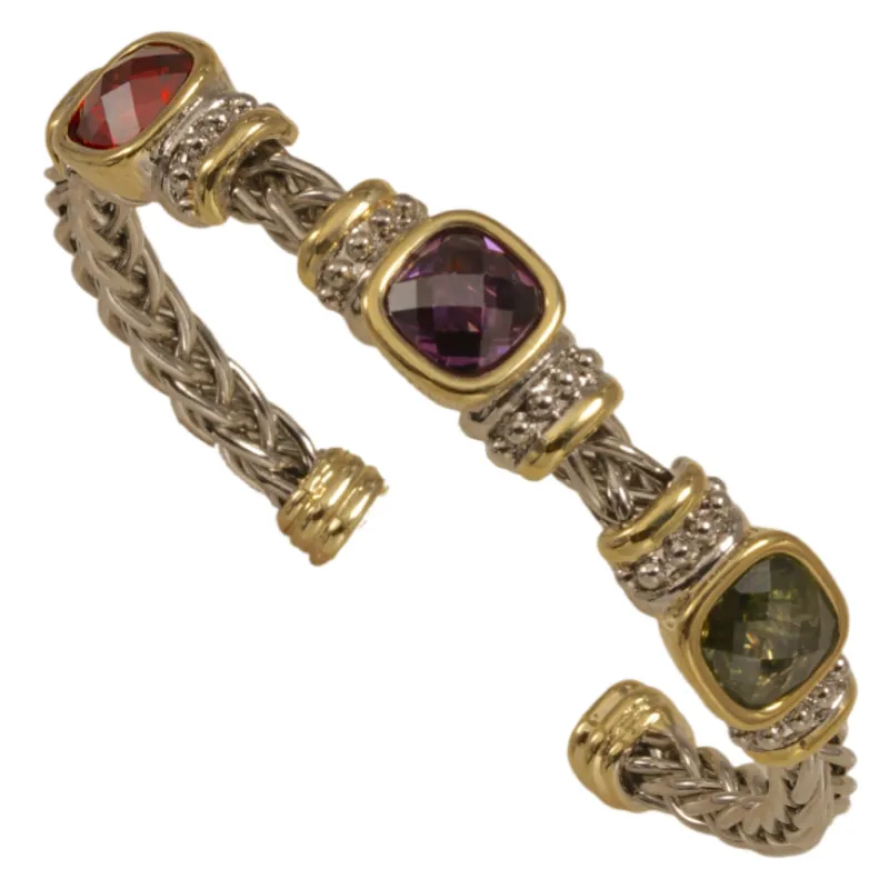 SILVER GOLD CUFF BANGLE DARK MULTI COLOR CZ CUBIC ZIRCONIA STONES ( 8420 BKDM ) made by Oh My Jewelry