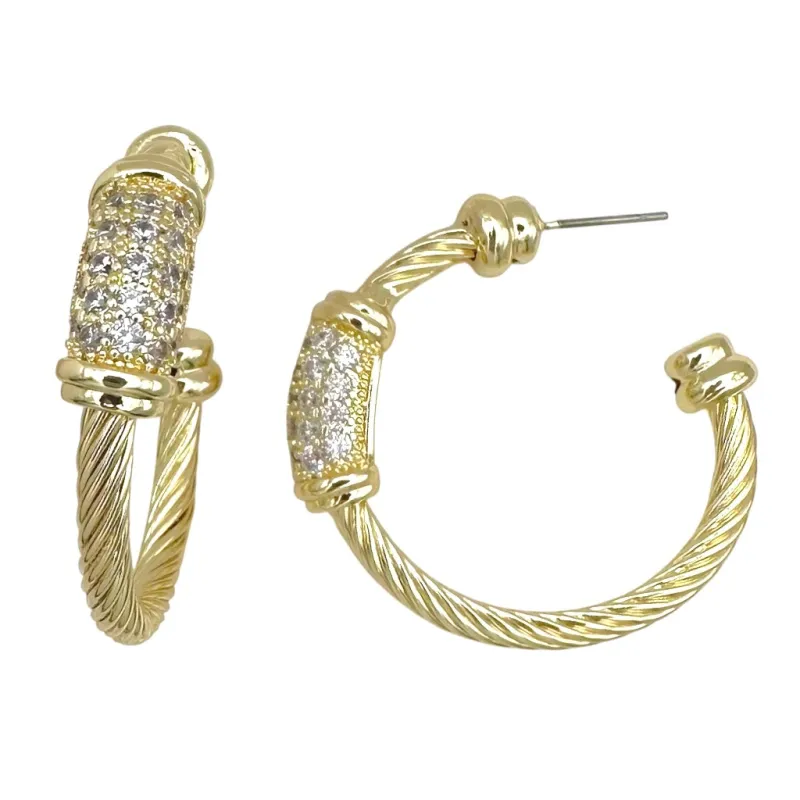 14K GOLD PLATED HOOP EARRINGS CLEAR CZ STONES ( 1735 EG ) made by Oh My Jewelry