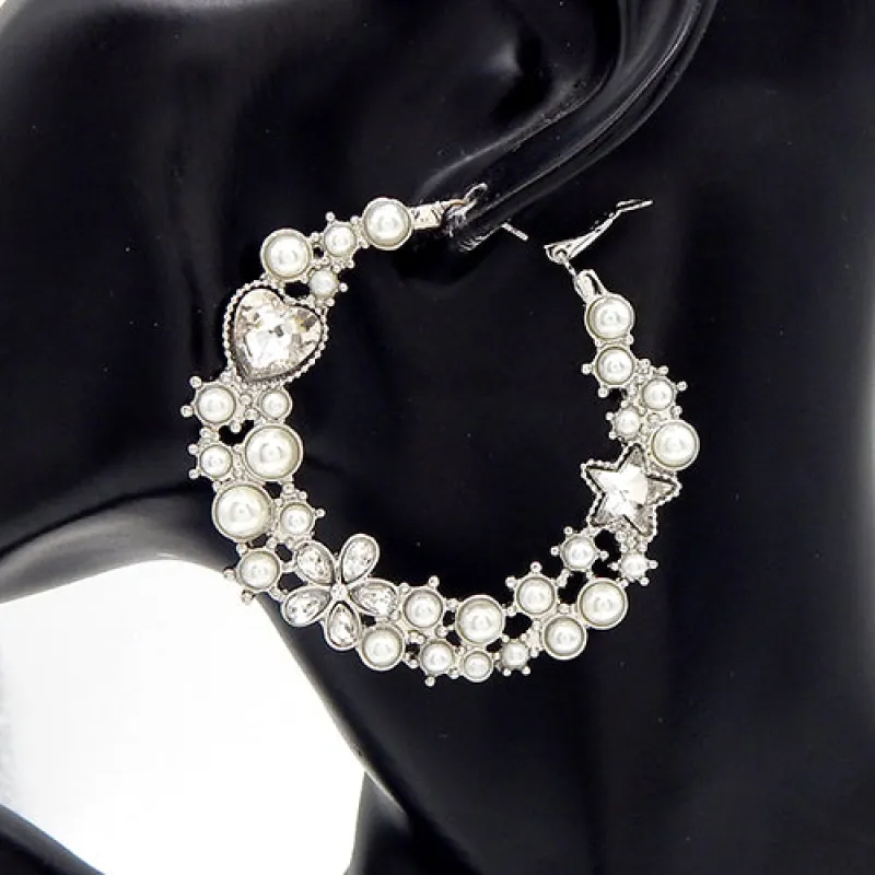SILVER CLEAR WHITE PEARLS HOOP EARRINGS CLEAR STONES HEARTS STARS ( 3595 RDWHT ) made by Oh My Jewelry