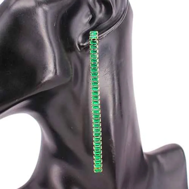 3.75" 1 Line Gold EMERALD GREEN Crystal Fashion Earrings ( 7179 GDEMR ) made by Oh My Jewelry