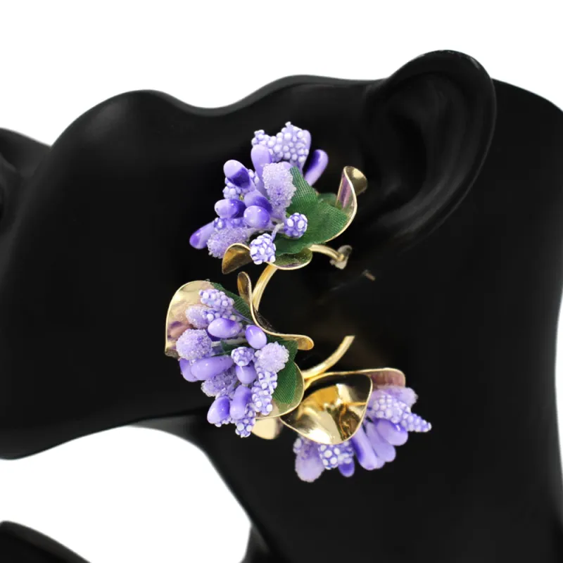 GOLD PURPLE FLORAL EARRINGS ( 2996 PU ) made by Oh My Jewelry