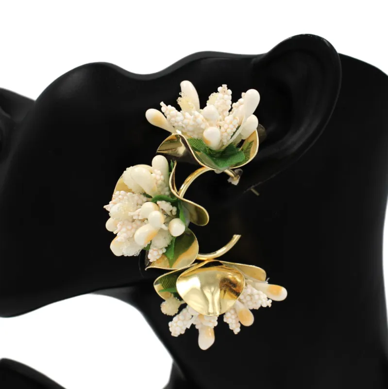 GOLD CREAM FLORAL EARRINGS ( 2996 IV ) sold by Oh My Jewelry