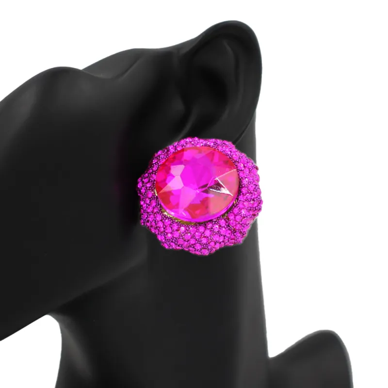 LARGE ROUND GOLD FUCSHIA PINK RHINESTONE EARRINGS ( 2486 GDFSH ) made by Oh My Jewelry