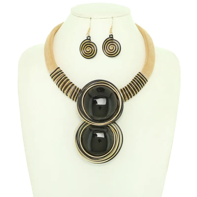 BLACK GOLD DOUBLE CIRCLE NECKLACE SET ( 1575 BK ) made by Oh My Jewelry