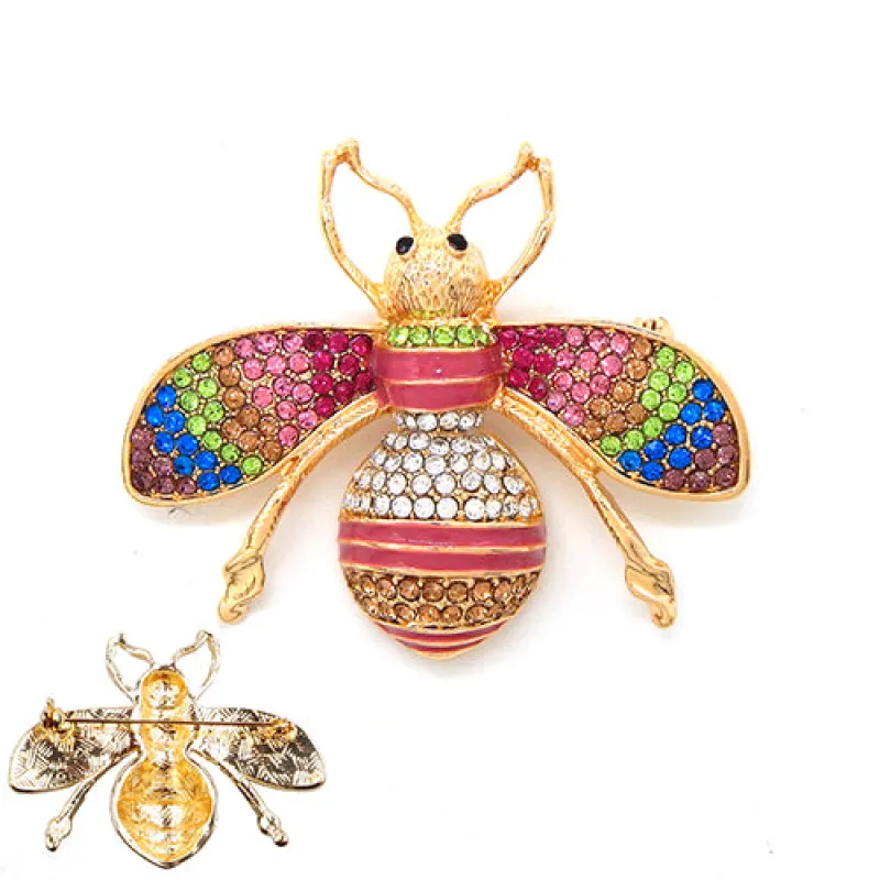 Large 2" Gold Black Enamel and Red and Green Rhinestone Bee Brooch ( 2003 GDLMT ) sold by Oh My Jewelry