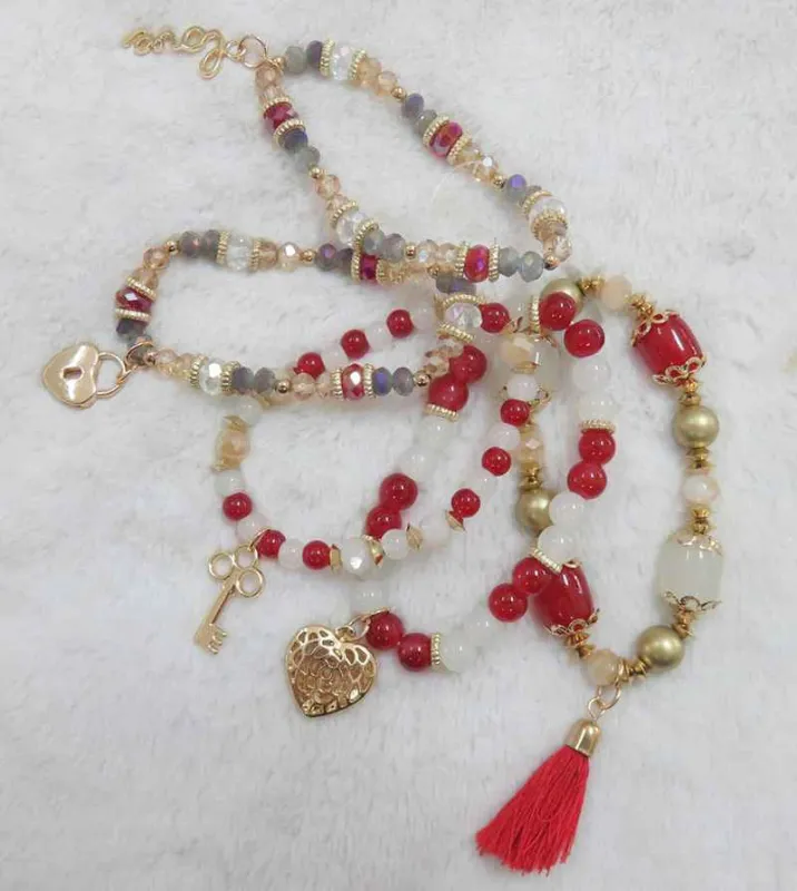 5 STRAND GOLD RED STRETCH CHARM BRACELETS ( 590 GRW ) made by Oh My Jewelry