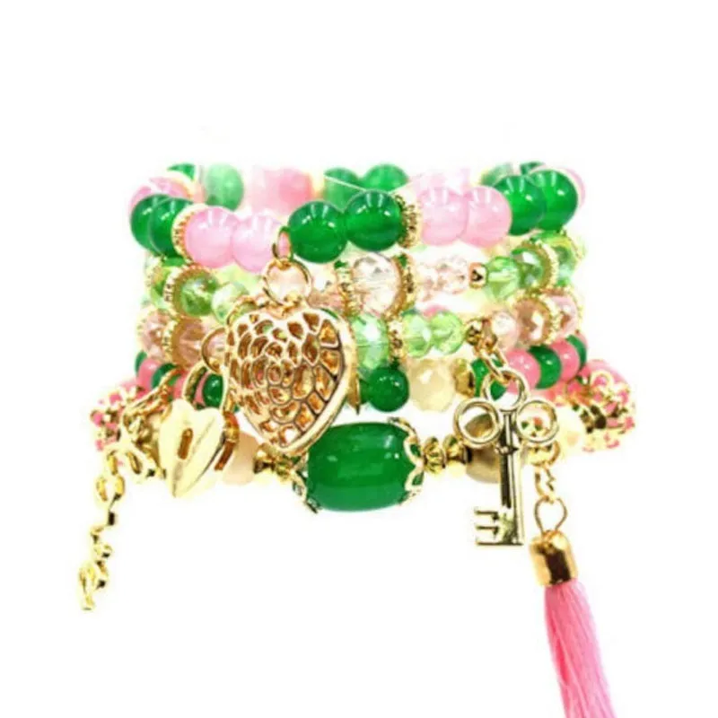 5 STRAND GOLD PINK AND GREEN HEART STRETCH CHARM BRACELETS ( 590 GPG ) made by Oh My Jewelry