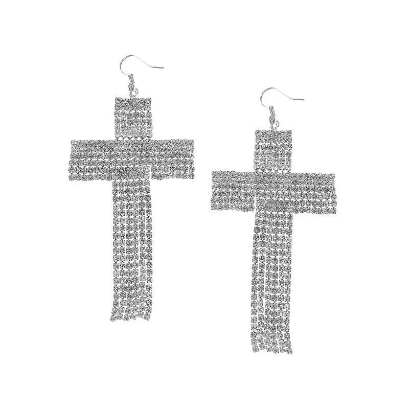 SILVER CROSS DANGLING EARRINGS CLEAR STONES ( 25874 CRS ) made by Oh My Jewelry