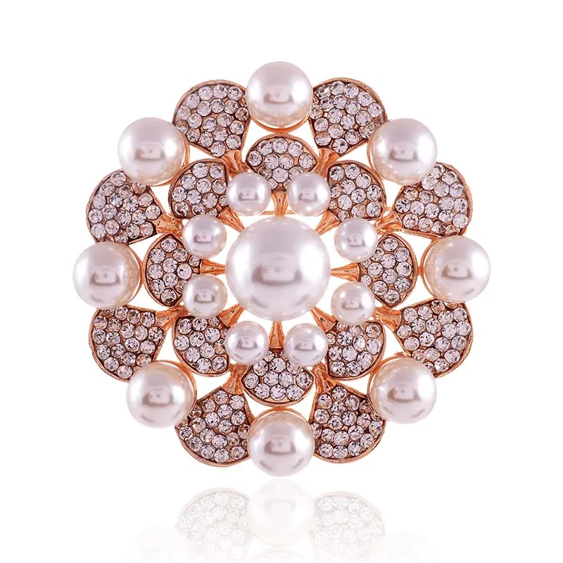 3" GOLD CLEAR RHINESTONE PEARLS FLOWER SHAPE BROOCH ( 1372 GCP ) sold by Oh My Jewelry