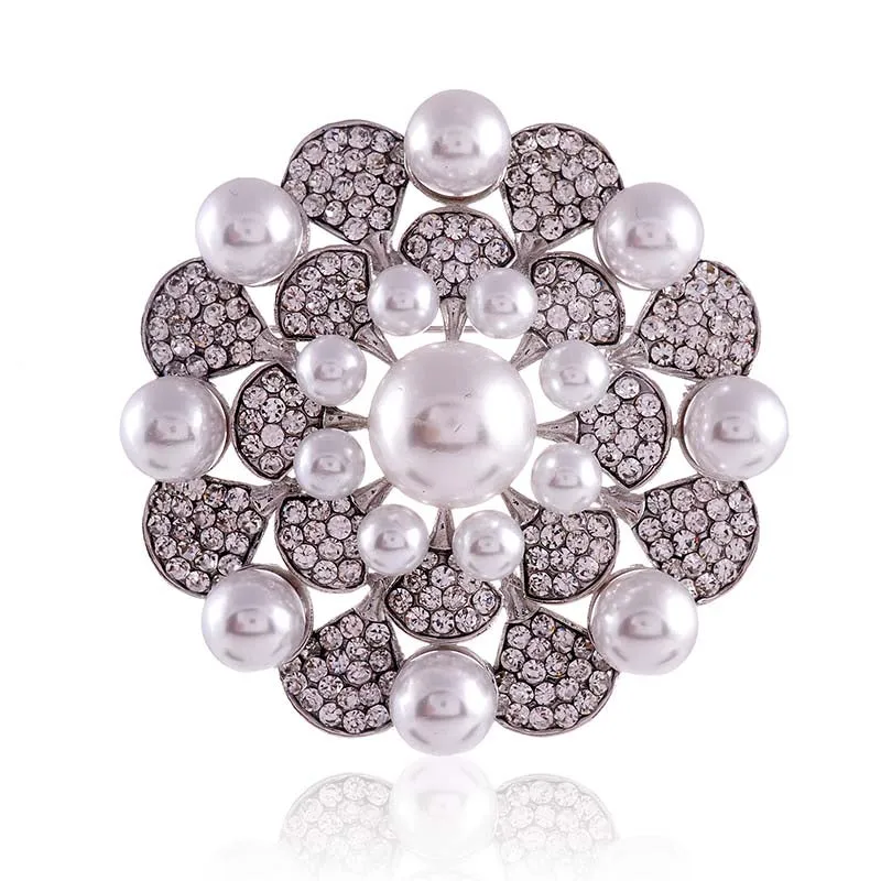 3" SILVER CLEAR RHINESTONE PEARLS FLOWER SHAPE BROOCH ( 1372 SWP ) made by Oh My Jewelry
