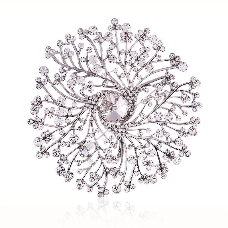 SILVER CLEAR LARGE FLOWER CRYSTAL BROOCH ( 1513 SCL ) made by Oh My Jewelry