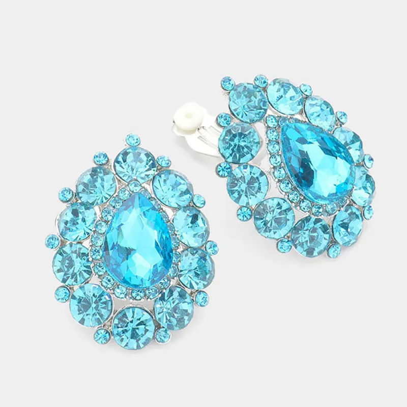 SILVER AQUA BLUE Stones Teardrop Clip On Earrings made by Oh My Jewelry