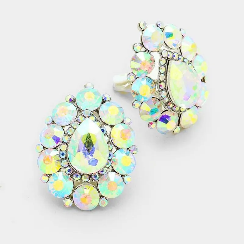 SILVER AB Stones Teardrop Clip On Earrings ( 4501 SAB ) made by Oh My Jewelry