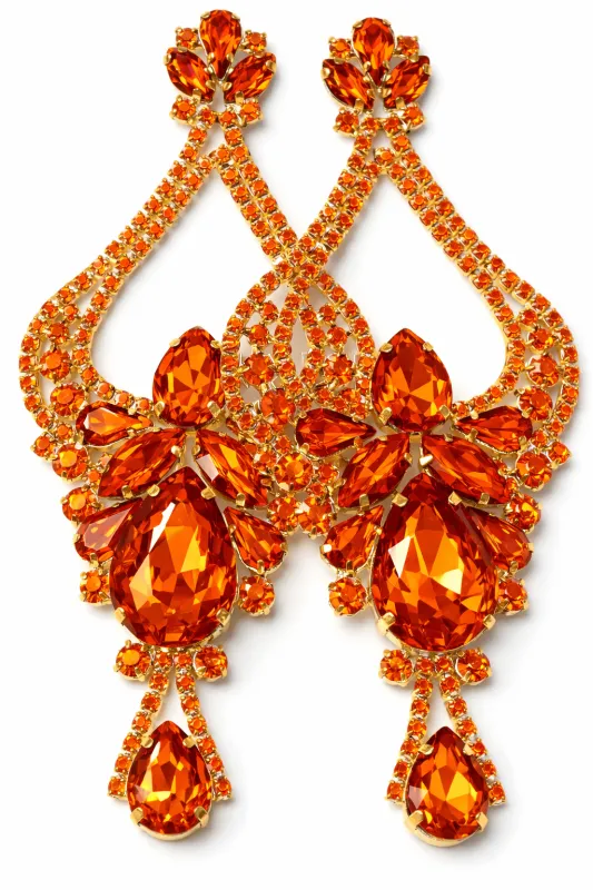 LARGE GOLD CHANDELIER EARRINGS ORANGE STONES ( 2679 GOR ) made by Oh My Jewelry