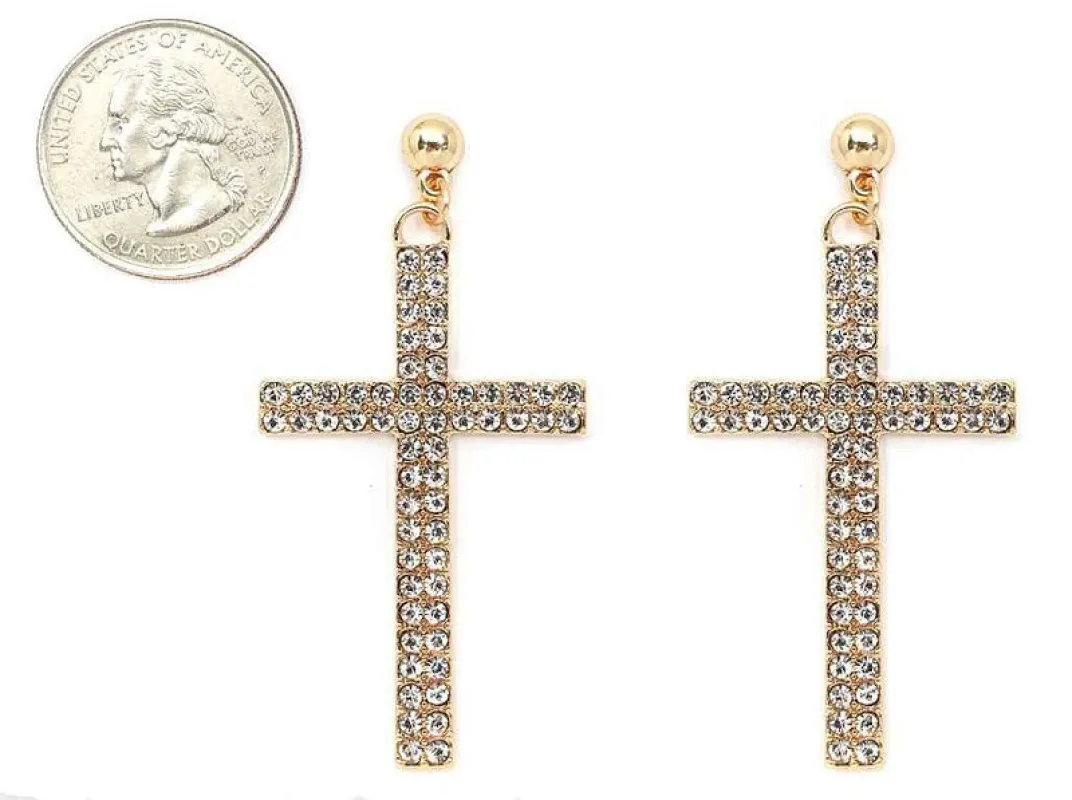 GOLD CROSS EARRINGS CLEAR STONES ( 5142 GDCRY ) made by Oh My Jewelry