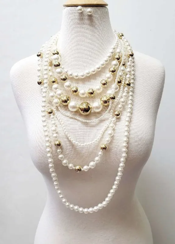 GOLD CREAM PEARL NECKLACE SET ( 11196 G ) made by Oh My Jewelry