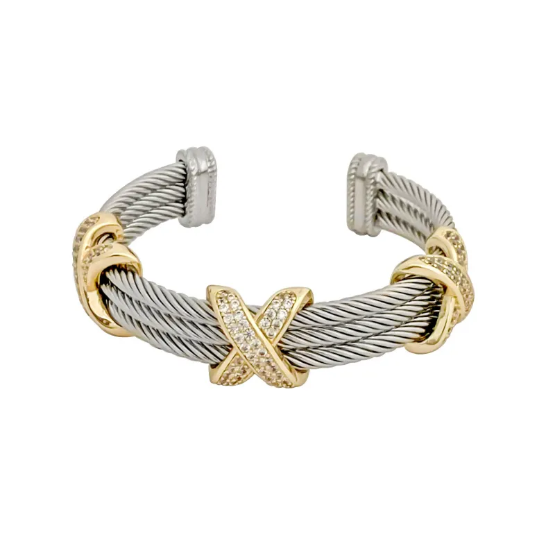 SILVER GOLD CUFF BANGLE CLEAR CZ STONES ( 10016 TT ) made by Oh My Jewelry