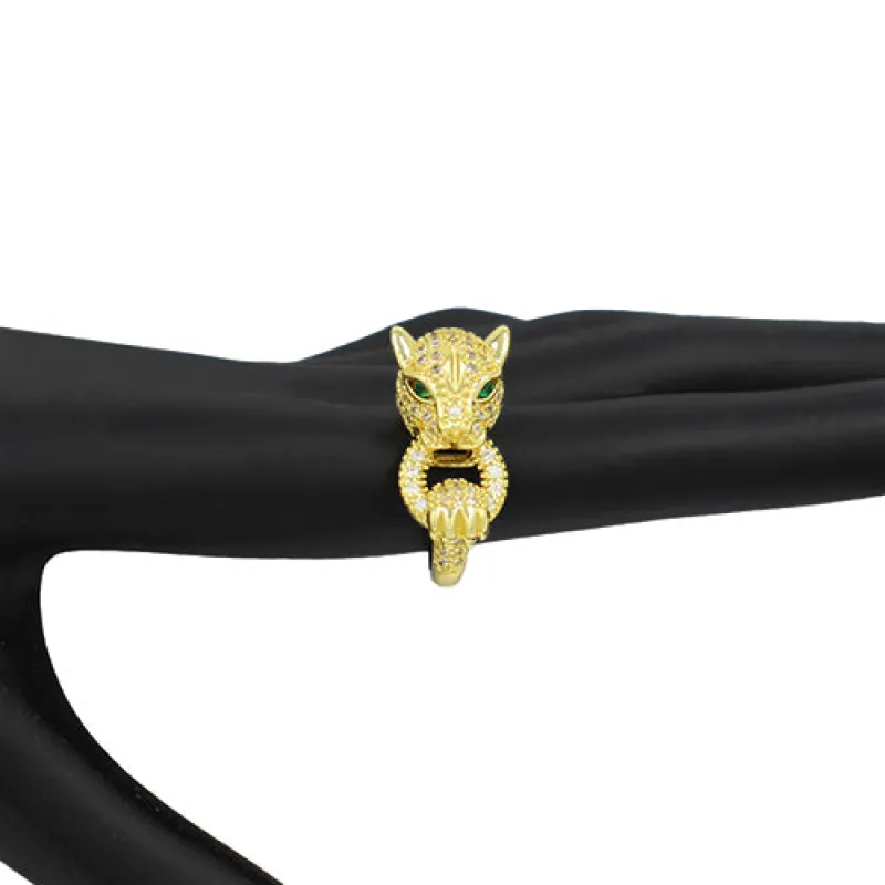 GOLD CAT BRASS RING CZ STONES ADJUSTABLE ( 2041 GDCLR ) made by Oh My Jewelry