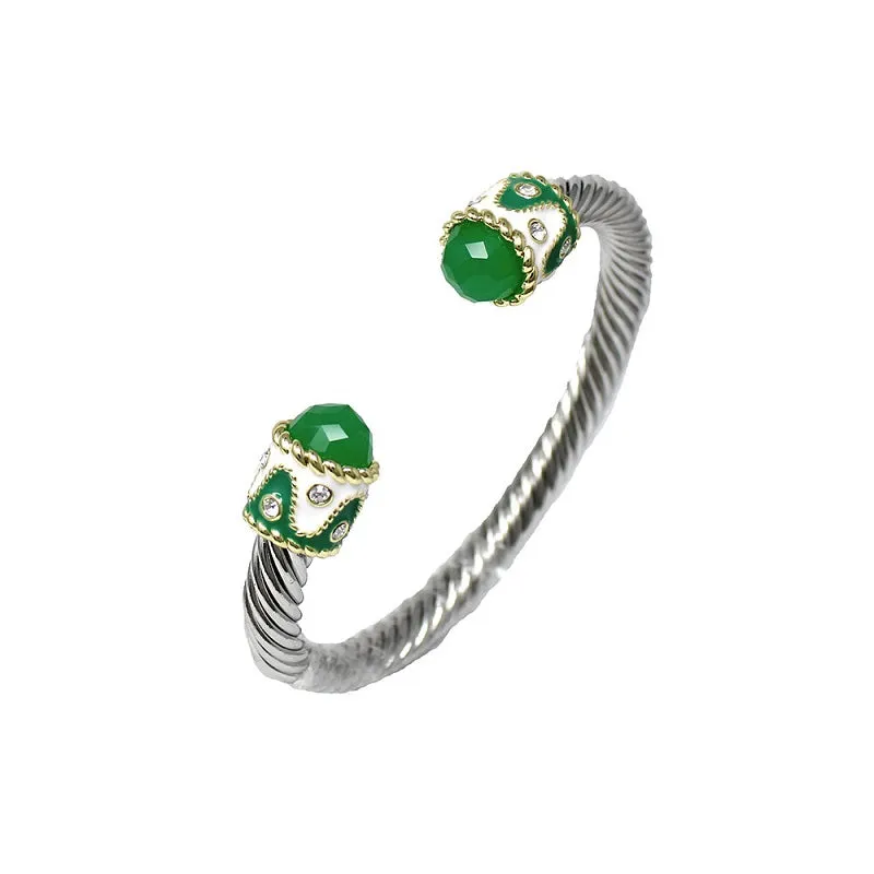 SILVER CUFF BANGLE GREEN STONES ( 1381 GN ) made by Oh My Jewelry