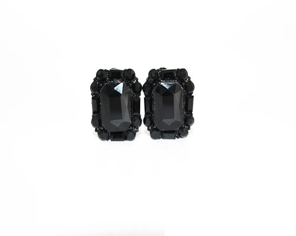 BLACK CRYSTAL CLIP ON EARRINGS ( 1945 BKJET ) made by Oh My Jewelry