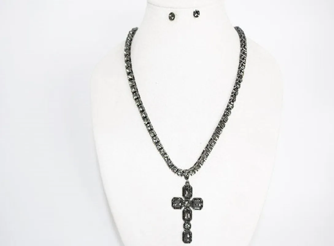 CROSS RHINESTONE NECKLACE SET ( 1071 BKDIA ) made by Oh My Jewelry