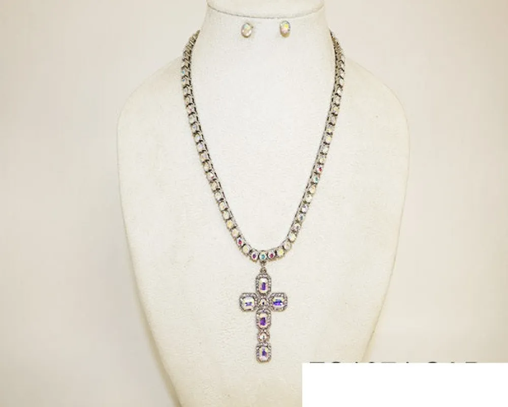 CROSS RHINESTONE NECKLACE SET ( 1071 SAB ) made by Oh My Jewelry
