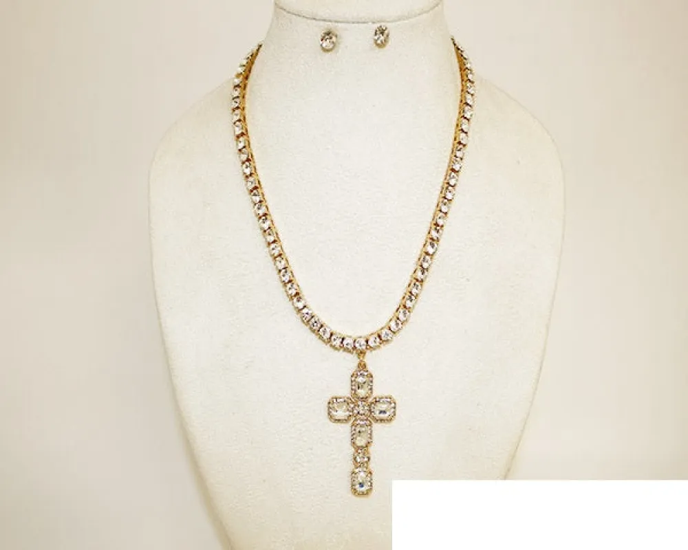 CROSS RHINESTONE NECKLACE SET ( 1071 GCRY ) made by Oh My Jewelry