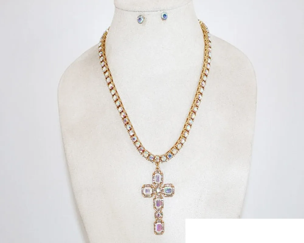 CROSS RHINESTONE NECKLACE SET ( 1071 GAB ) made by Oh My Jewelry